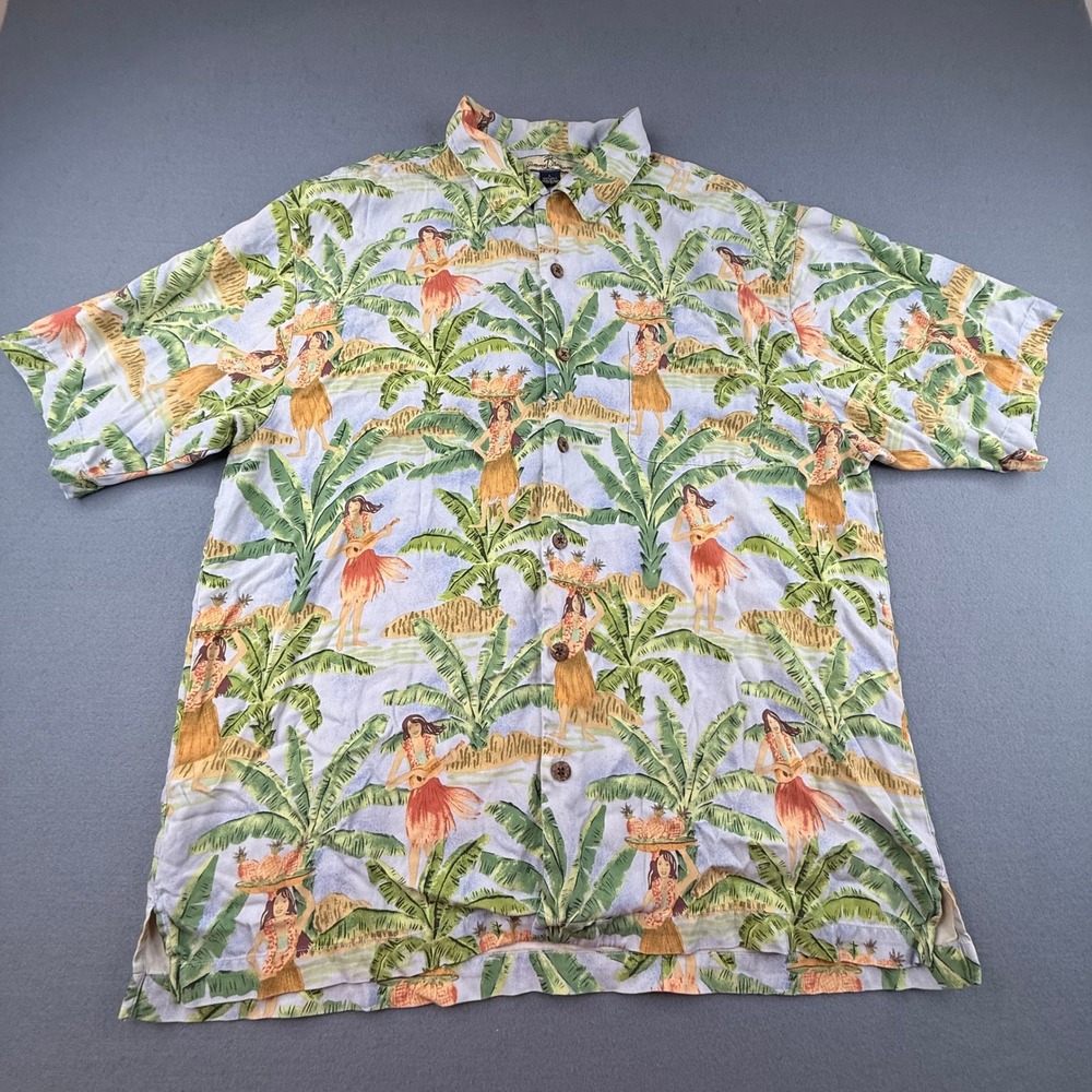 Tommy Bahama Button Up Shirt Mens L Blue Silk Hula Girl Palm Tree Tropical Camp